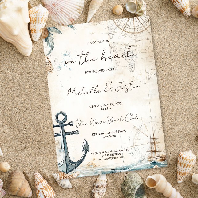 Convite Vintage Map Beach Tropical Island Weding (coastal vintage map wedding invitation)