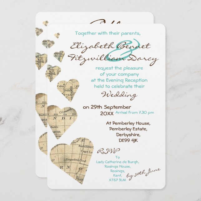 Convite Vintage Map Hearts Night (Frente/Verso)