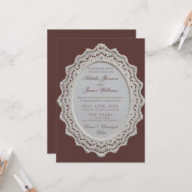 Convite Vintage Marrom Chocolate Renda Doily Casamento Ret (Frente/Verso In Situ)