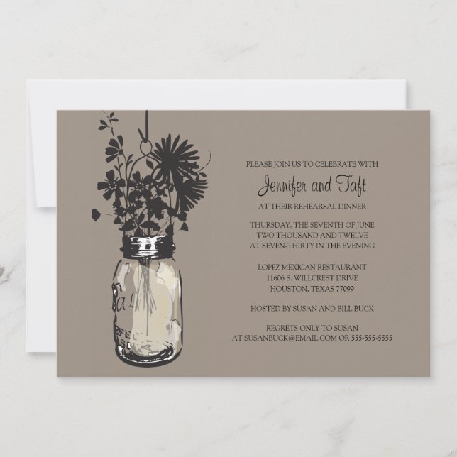 Convite Vintage Mason Jar & Wild Flowers Janto de ensaio (Frente)