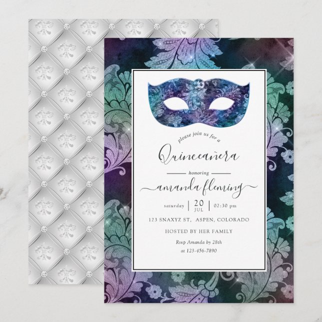 Convite Vintage Masquerada Damask Quinceañera (Frente/Verso)