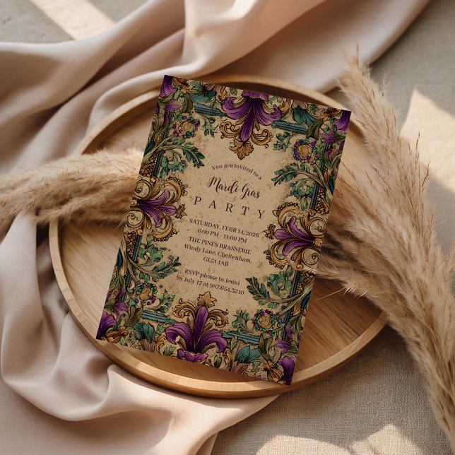 Convite Vintage Masquerade Mardi Gras Elegance (Criador carregado)