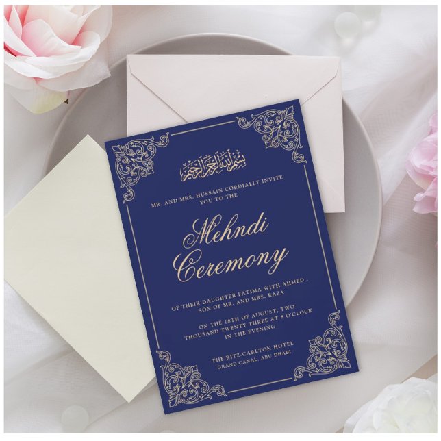 Convite Vintage Mehndi Casamento Islâmico Azul (Criador carregado)