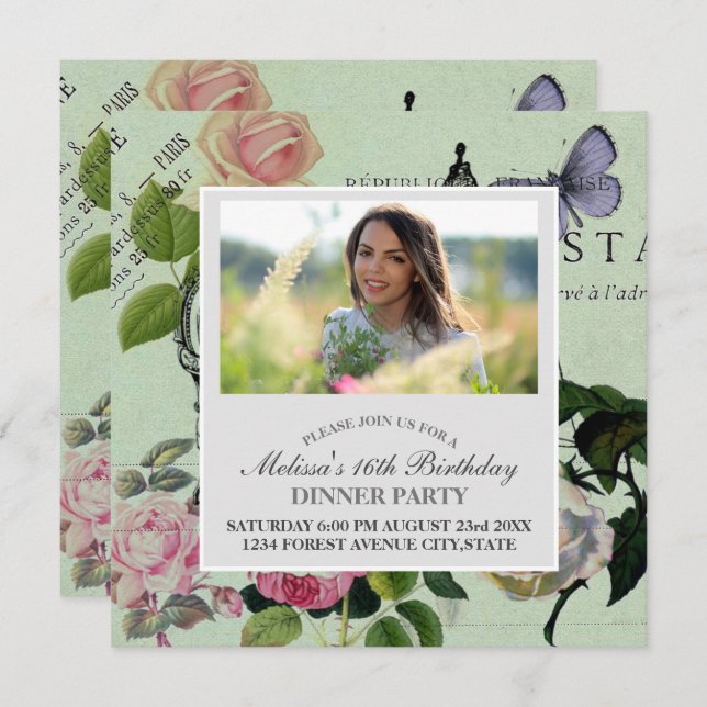 Convite Vintage Mint French Pink Rose Party Paris (Frente/Verso)