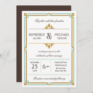 Convite Vintage Modern Art Deco Mint & Dourado Wedding