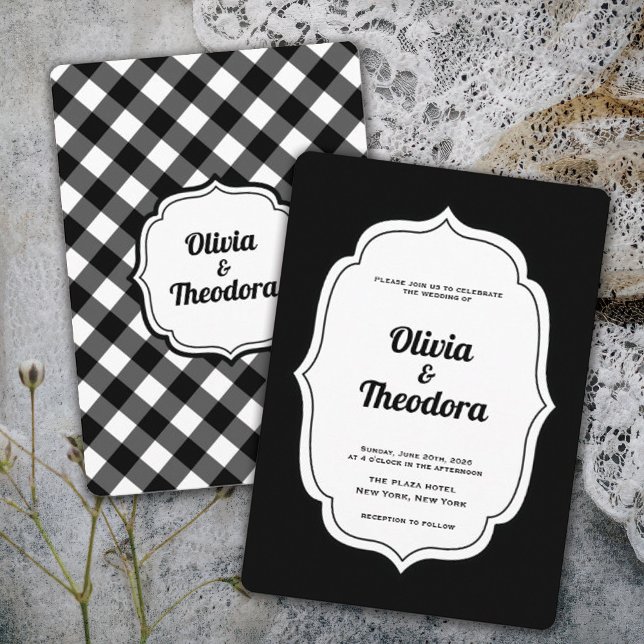 Convite Vintage Modern Gingham wedding invitation (vintage modern elegant black and white gingham check wedding invitation )