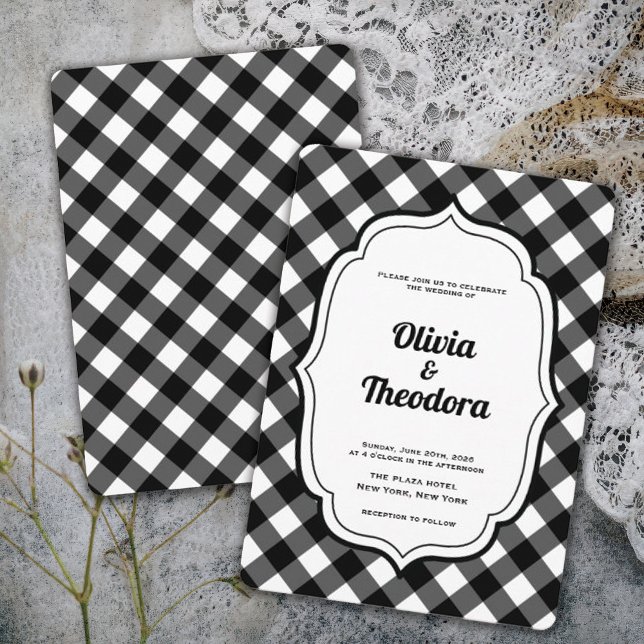 Convite Vintage Modern Gingham wedding invitation (vintage modern elegant black and white gingham wedding invitation)
