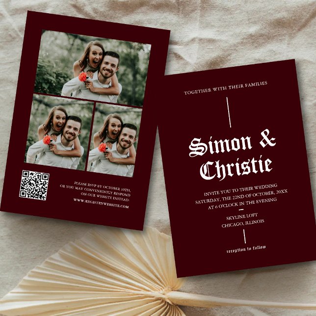 Convite Vintage Modern Photo Collage QR Code Wedding (Criador carregado)
