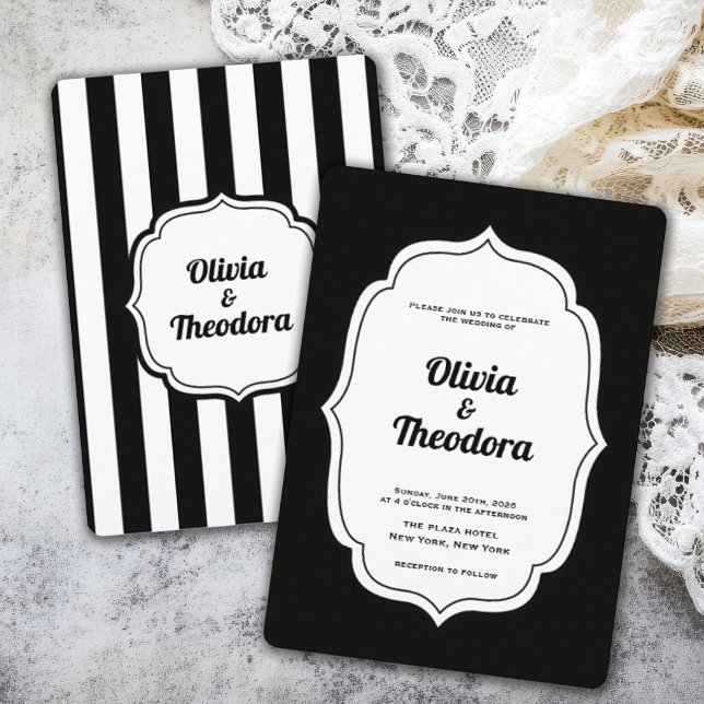 Convite Vintage Modern Stripe wedding invitation (vintage modern elegant black and white stripe wedding invitation)