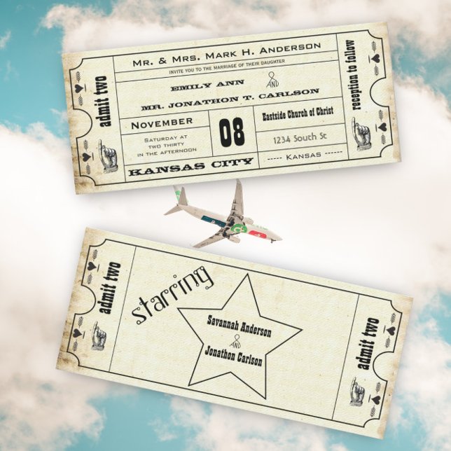 Convite Vintage Modern Typografia Ticket Weding (Criador carregado)