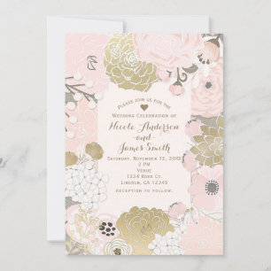 Convite Vintage Moderno Floral Botânico Rosa Dourado Casam