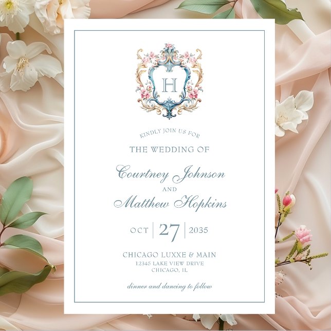 Convite Vintage Monogrammed Floral Crest Casamento (Criador carregado)