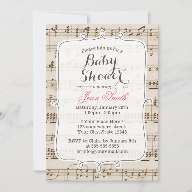Convite Vintage Music Sheet Baby Shower Invations (Frente)