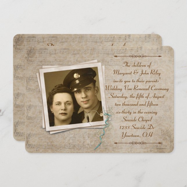 Convite Vintage Music Wedding Vow Renewal (Frente/Verso)
