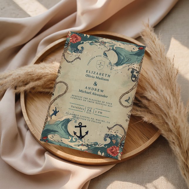 Convite Vintage Nautical Waves & Rope Wedding (Criador carregado)