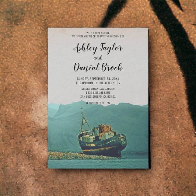 Convite Vintage navio costeiro destino praia casamento (Criador carregado)