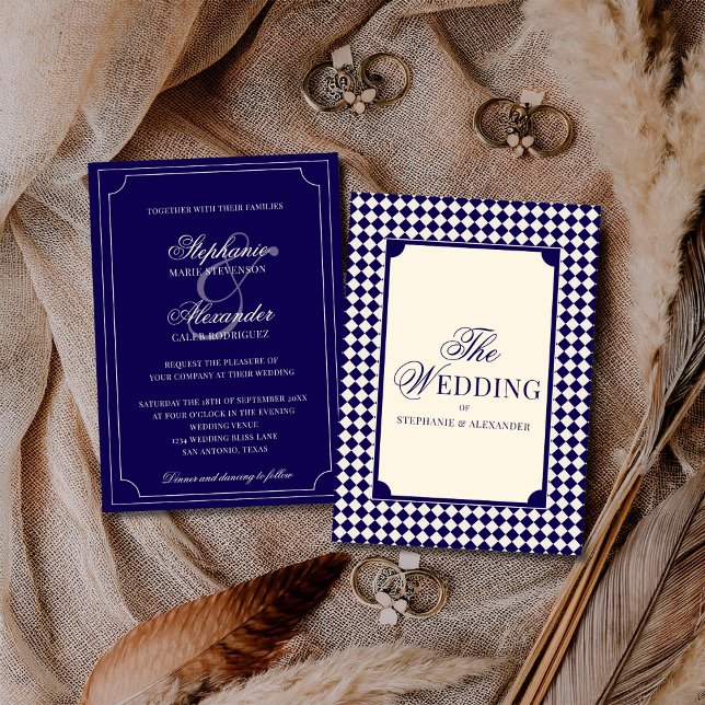 Convite Vintage Navy Blue Checkered Old Money Wedding (Criador carregado)