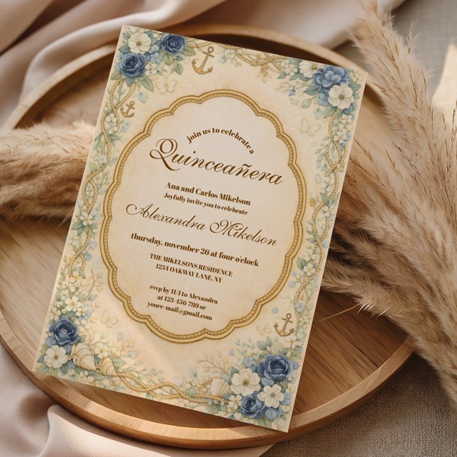 Convite Vintage Navy Coastal Quinceañera (Criador carregado)