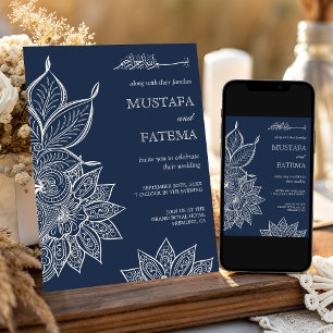 Convite Vintage Navy Creme Mehndi Henna Casamento Muçulman