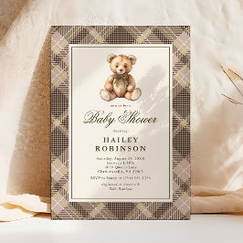 Convite Vintage Neutral Plaid Teddy Bear Baby Shower