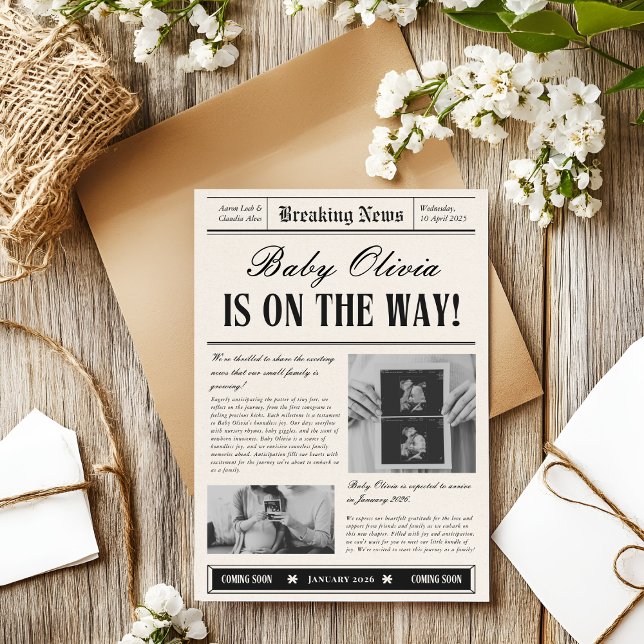 Convite Vintage Newspaper Baby Announcement Invitation (Criador carregado)