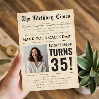Convite Vintage Newspaper Custom Photo 35th Birthday Party