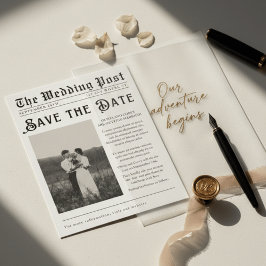 Convite Vintage Newspaper Save the Date Wedding Invitation