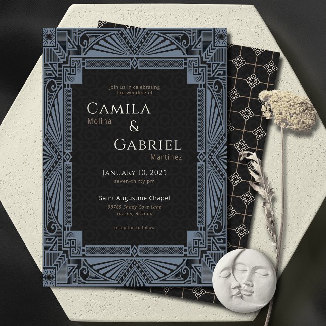 Convite Vintage Nouveau Deco Dusty Teal Blue Black (Criador carregado)