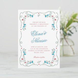 Convite Vintage Nouveau Quadro Botânico Casamento Azul Ros