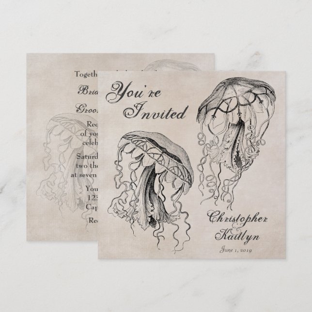Convite Vintage Ocean Jellyfish Beach Weditation (Frente/Verso)