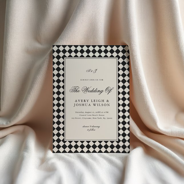 Convite Vintage Old Money Preppy Checkered Photo Wedding (Criador carregado)