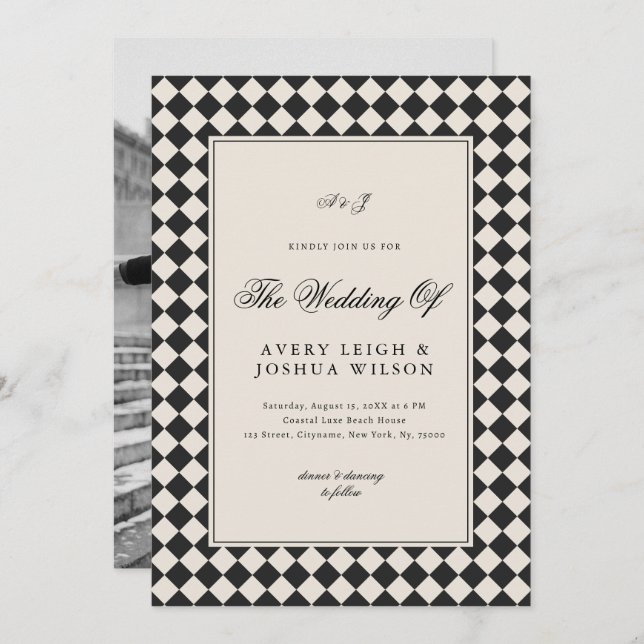 Convite Vintage Old Money Preppy Checkered Photo Wedding (Frente/Verso)