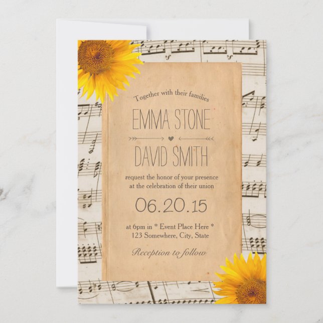 Convite Vintage Old Music Sheet & Sunflower Wedding (Frente)