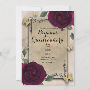 Convite Vintage Old World Dark Roses Butterfly Quinceañera