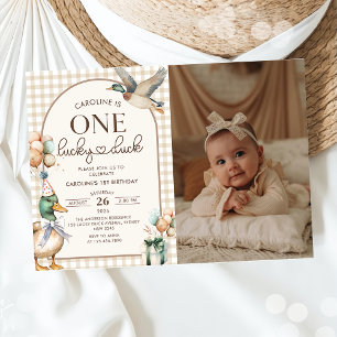Convite Vintage One Lucky Duck Balloon Foto do primeiro an