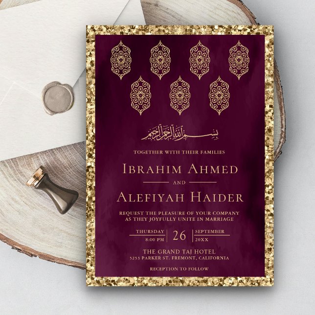 Convite Vintage Ornamentado Lanternas Plum Casamento Muçul (Criador carregado)