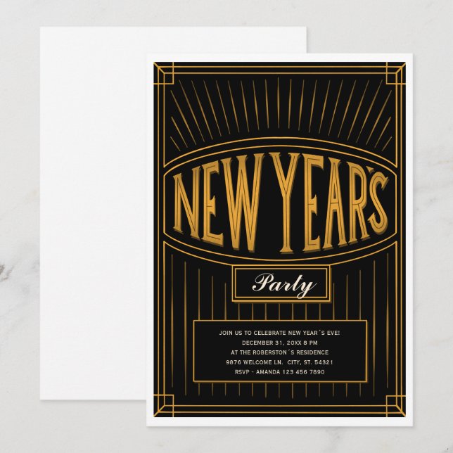Convite Vintage Ouro Black Eve Party (Frente/Verso)