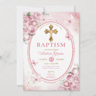 Convite Vintage Oval Pink Butterfly Girl Baptism Cross