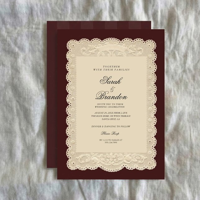 Convite Vintage Paper Lace Burgundy Wedding Invitation (Criador carregado)
