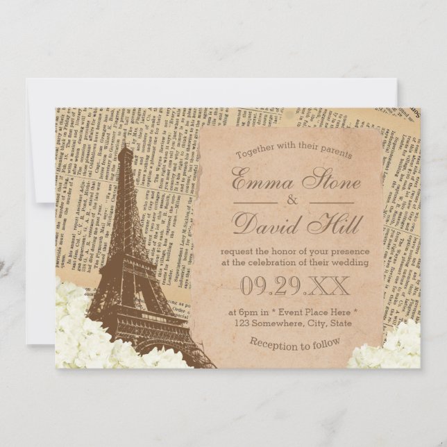 Convite Vintage Paris Eiffel Torre Elegante Casamento Flor (Frente)