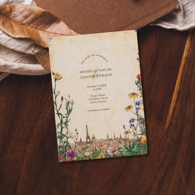 Convite Vintage Paris Meadow Wildflower Destino (vintage paris wedding)