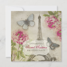 Convite Vintage Paris Peonies Doce Dezesseis Festas de ani