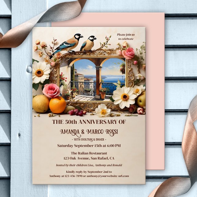 Convite Vintage Partido Romântico Italiano (Vintage romantic Italian wedding anniversary invitation featuring a still life with love birds)