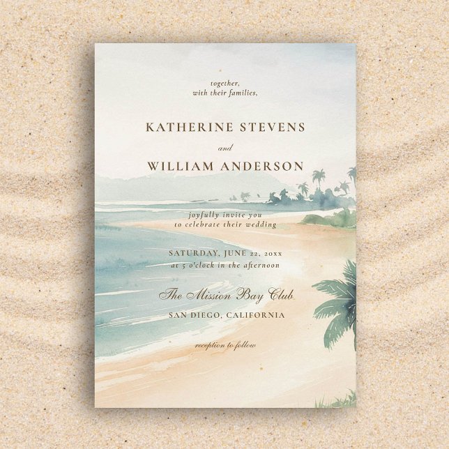 Convite Vintage Patina Ocean Shoreline Elegant Weding (beach wedding invitation dreamy watercolor ocean shoreline vintage patina formal modern classic)