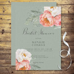 Convite Vintage Peach Peonies no Chá de panela Verde Sage<br><div class="desc">Suave e romântico,  este design chá de panela apresenta pêssego esmagado e peônias brancas em um fundo verde-velho macio rachado. Elegante e romântico. Criado pela imprensa simplesmente de farmácia.</div>