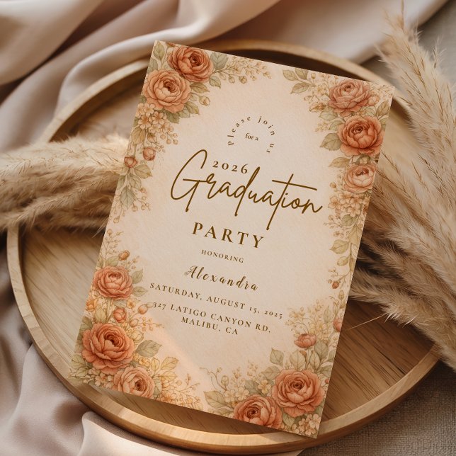 Convite Vintage Peach Rose Graduation Party (Criador carregado)