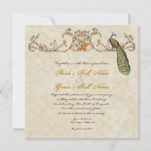 Convite Vintage Peacock & Etchings Casamento Laranja Queim