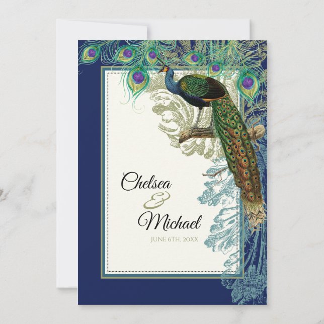 Convite Vintage Peacock Feather Marinho Azul - Casamento (Verso)