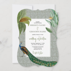 Convite Vintage Peacock Feather Tropical Greenerice Casame
