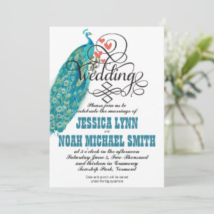 Convite Vintage Peacock Hearts Teal and Coral Invitation